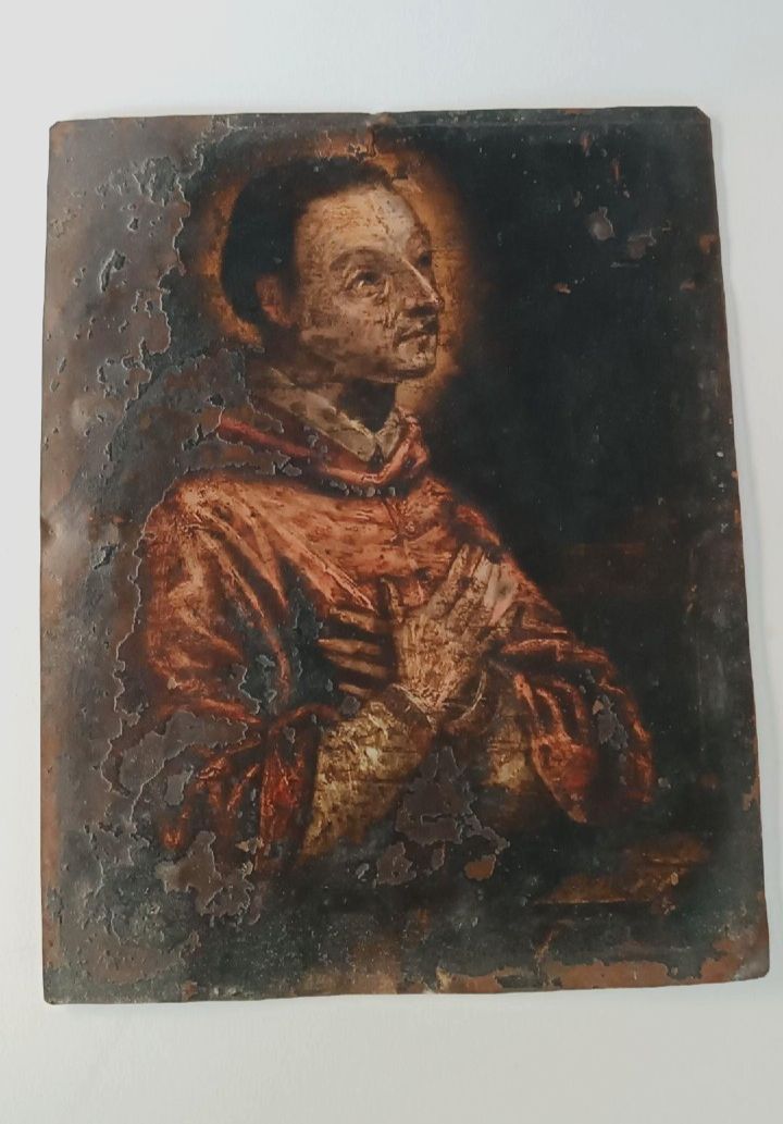 Antique Copper Painting  17th\18th Century St. Charles Borromeo 25 X 20cm