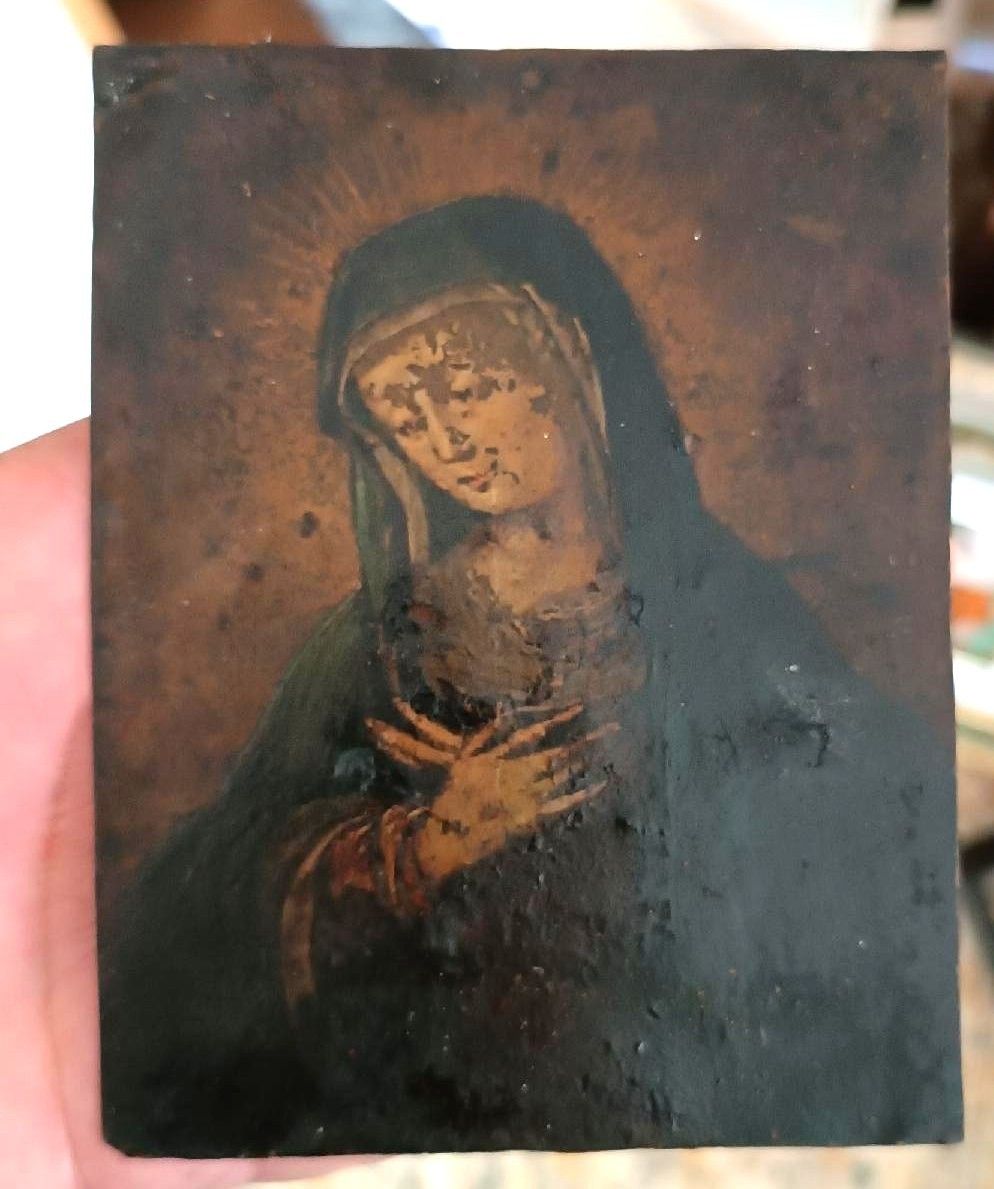 Peinture Ancienne Sur Cuivre Représentant La Vierge Marie, Xviie/Xviiie Siècle