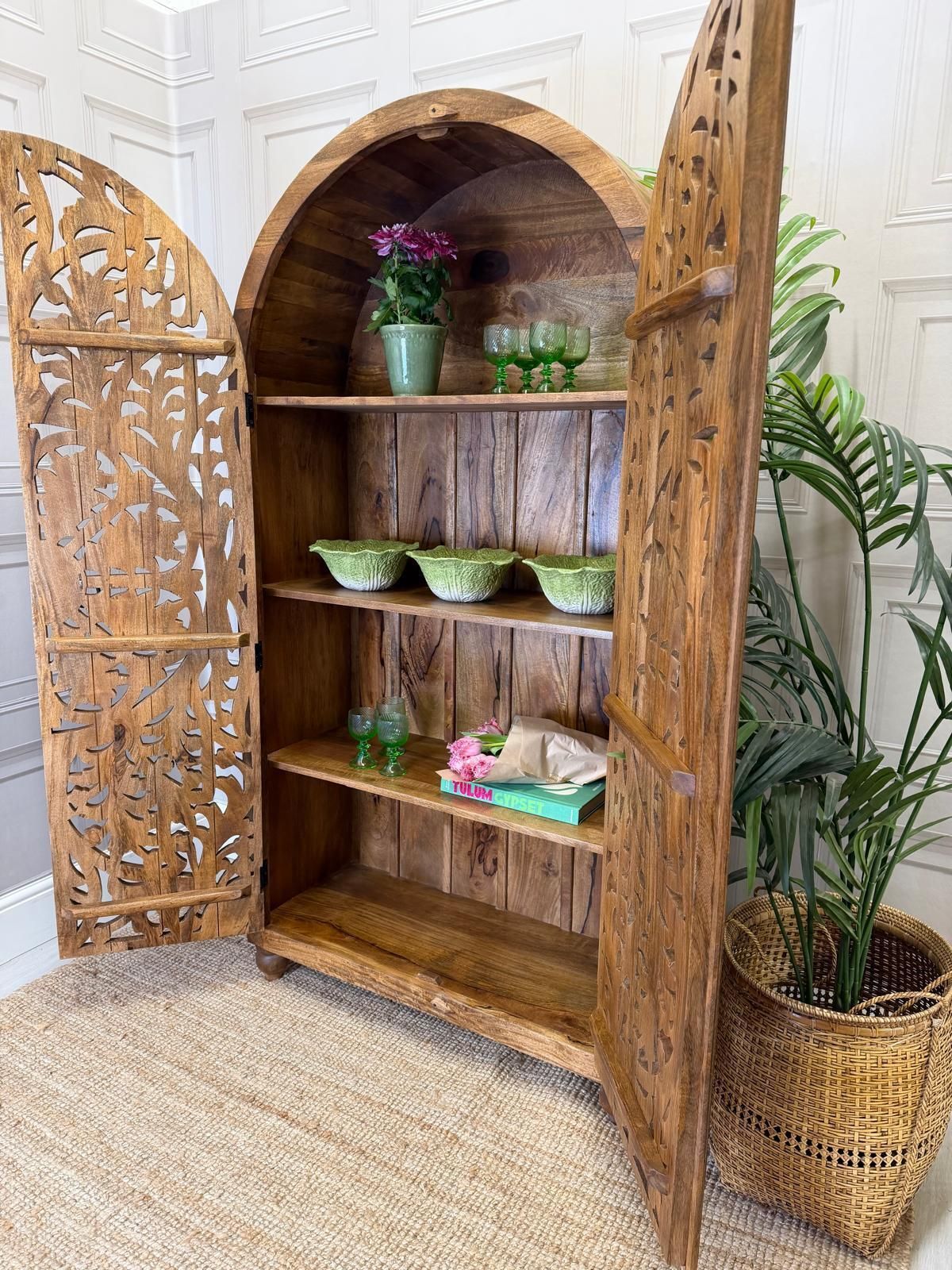 Arched Wardrobe Made Of Hand Carved Mango Wood With Openwork Floral Design In A Natural Finish. photo for sale