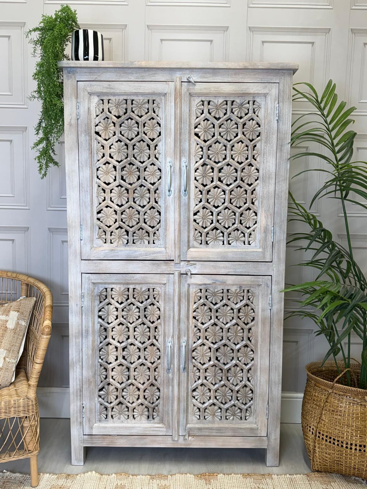 Cream Washed Mango Wood Wardrobe, Hand Carved Jali Design With Internal Shelves