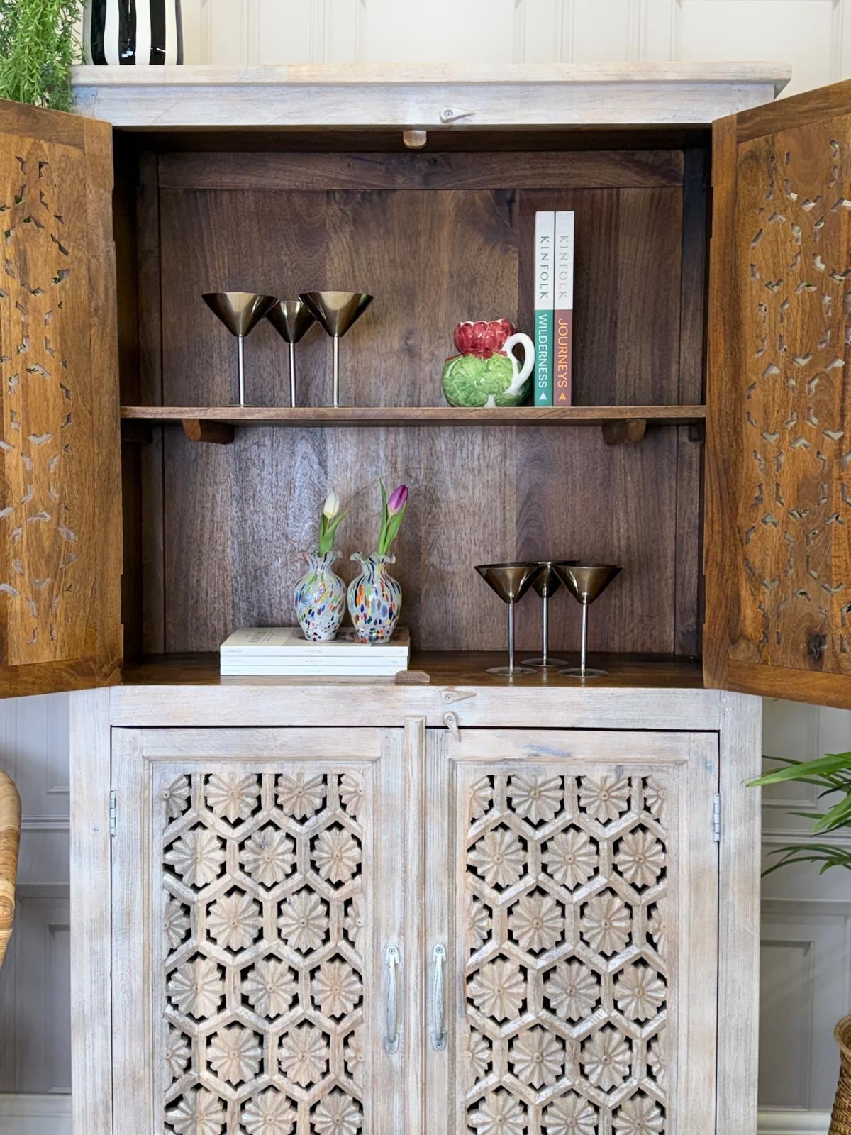 Cream Washed Mango Wood Wardrobe, Hand Carved Jali Design With Internal Shelves photo furniture