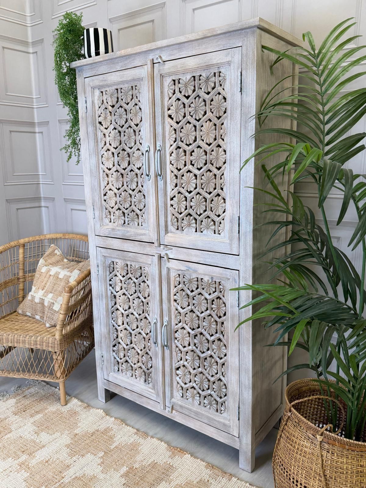 Cream Washed Mango Wood Wardrobe, Hand Carved Jali Design With Internal Shelves photo Furniture