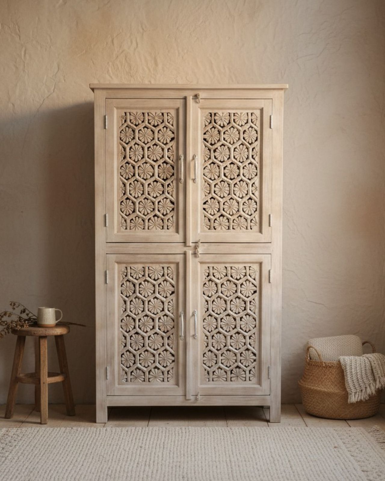 Cream Washed Mango Wood Wardrobe, Hand Carved Jali Design With Internal Shelves photo 895.0