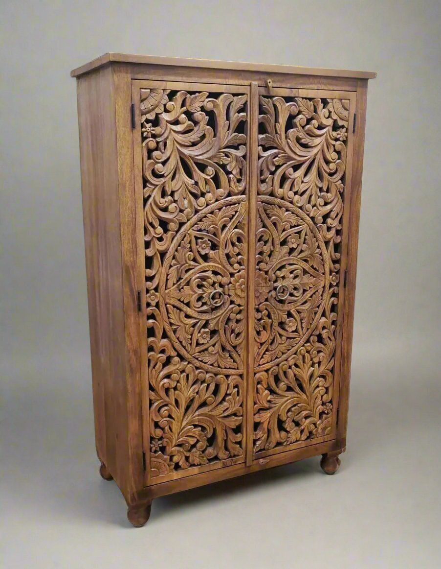 Hand Carved Mango Wood Wardrobe – Natural Polished Finish With Floral Detailing photo for sale