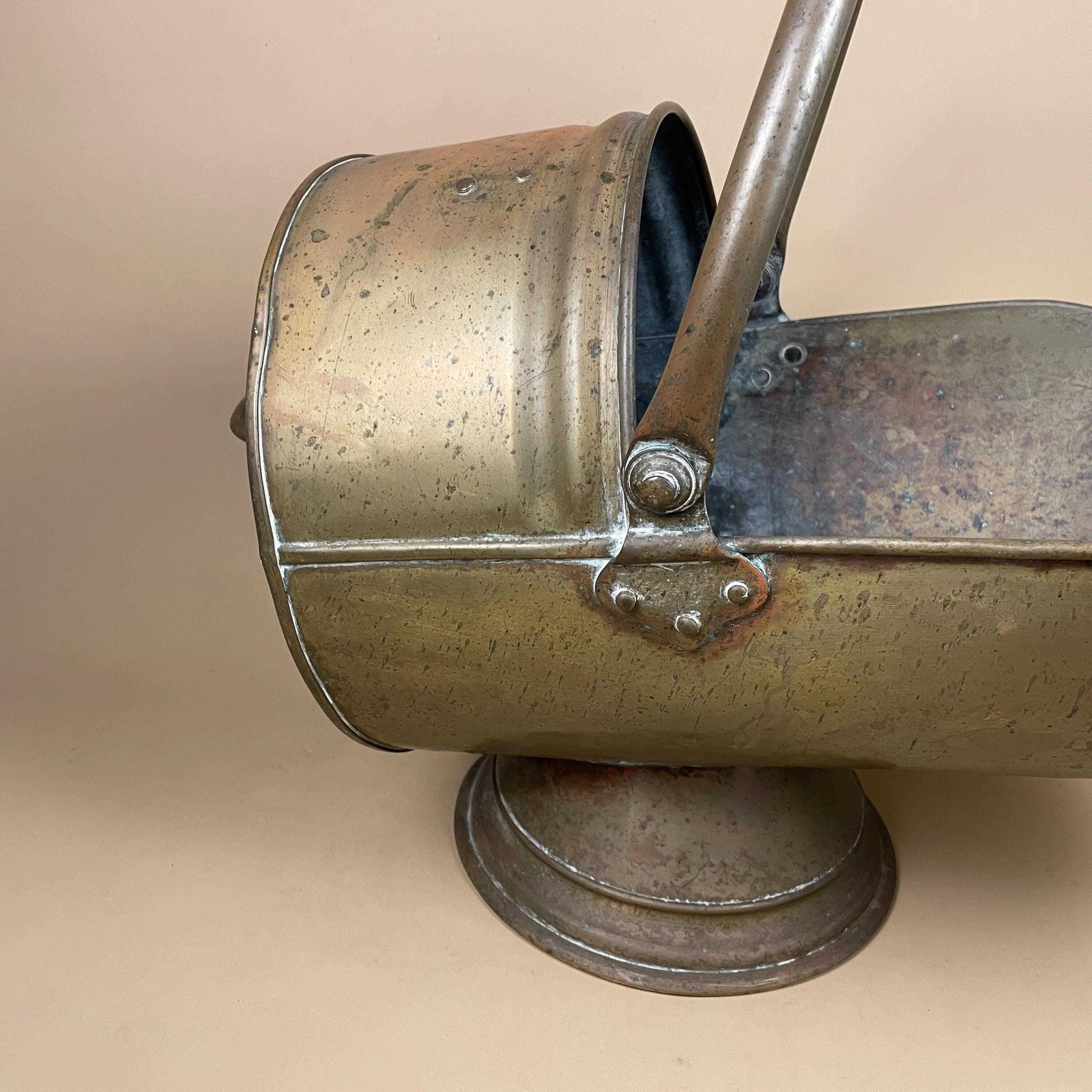 Antique Metal Gold Brass Coal Bucket Handle Fireside Fire Side Scuttle Log Helmet Farmhouse Cottage Aged Patina Vintage Fireplace Logs Heavy photo Home Fixtures