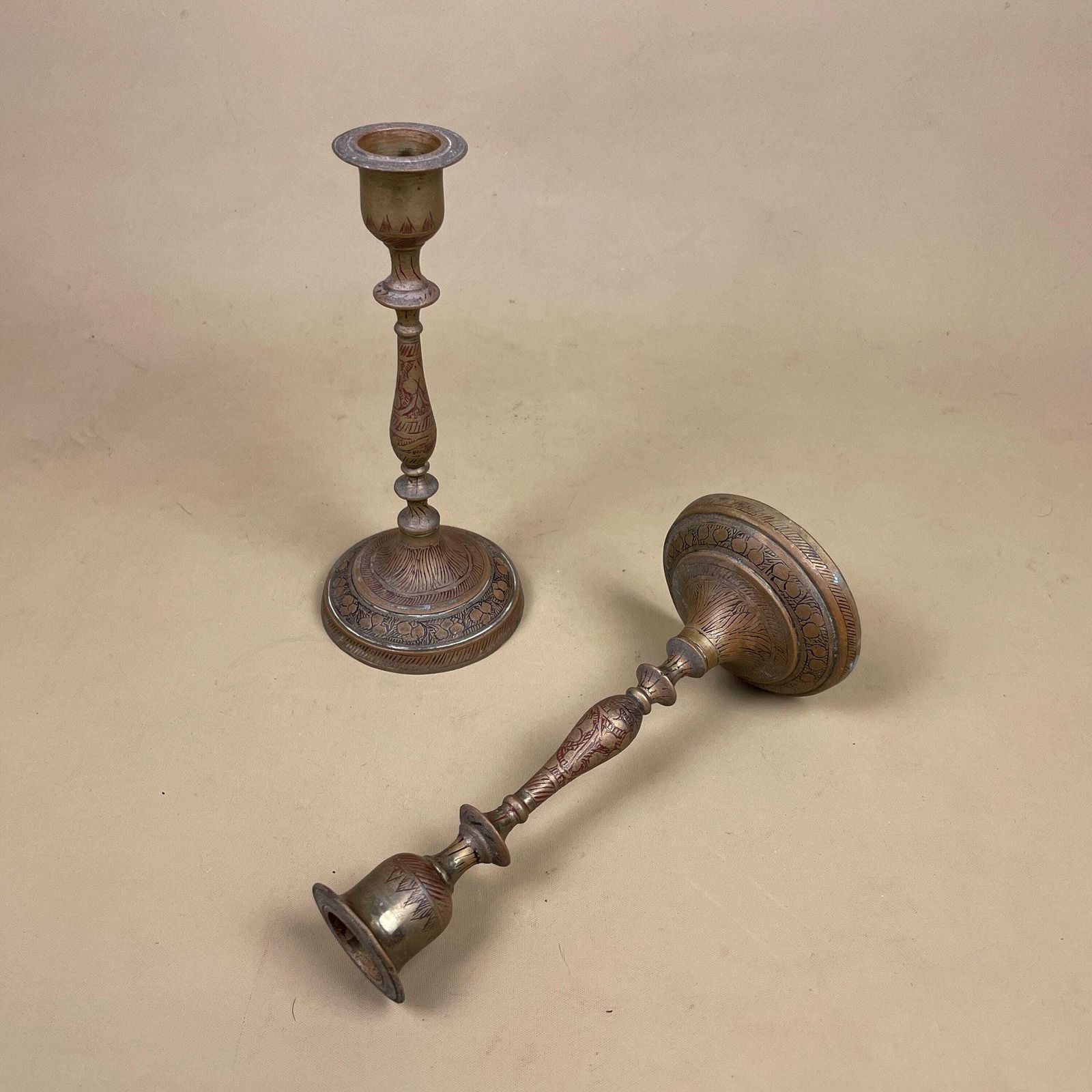 Antique Matching Pair Of Gold Brass Metal Candlestick Candle Stick Holders Holder Vintage Round Taper Dinner Candlesticks Engraved Indian photo furniture