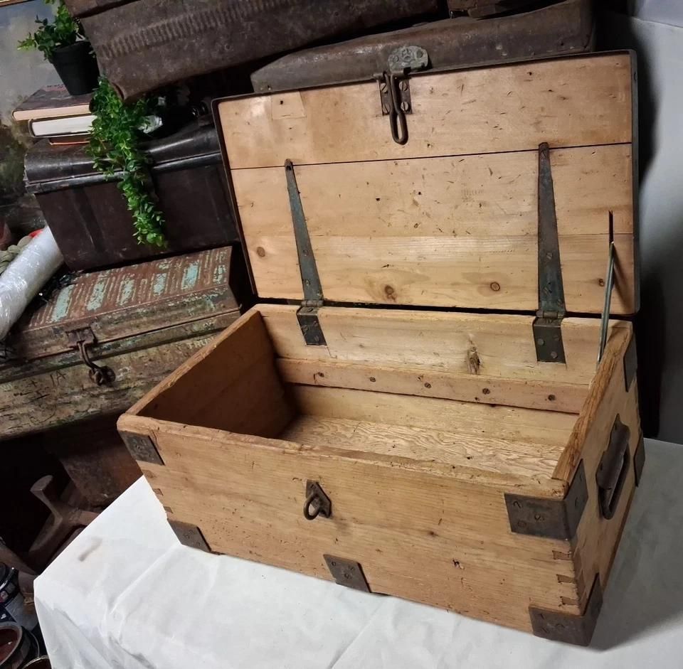 Vintage Wooden Metal Bound Chest Marked 1945 Possibly Amo Carrier photo vinterior