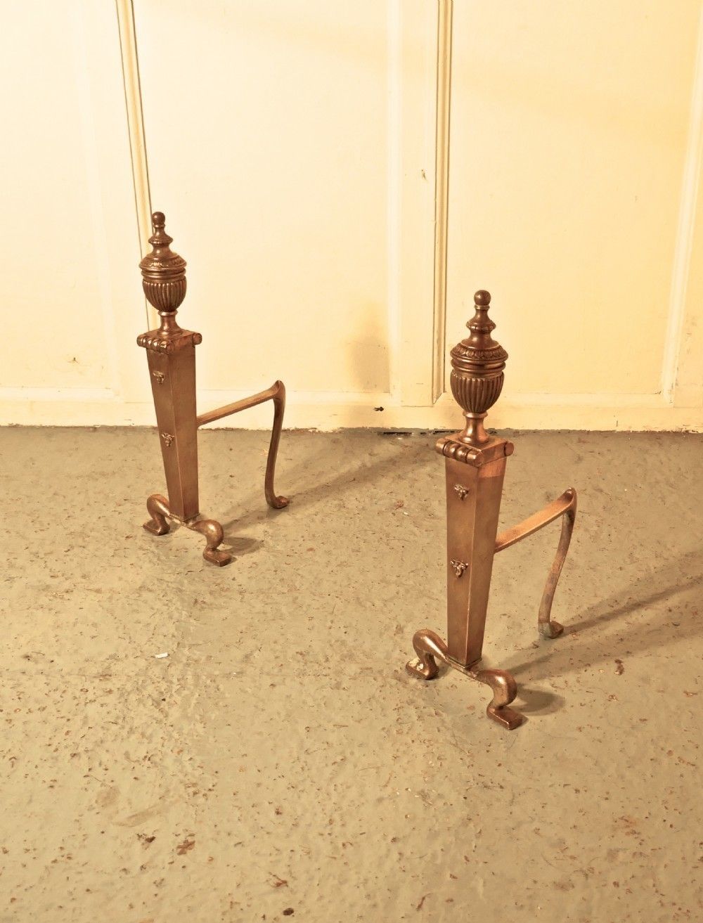 An Elegant Pair Of 19th Century Brass Andirons Or Fire Dogs