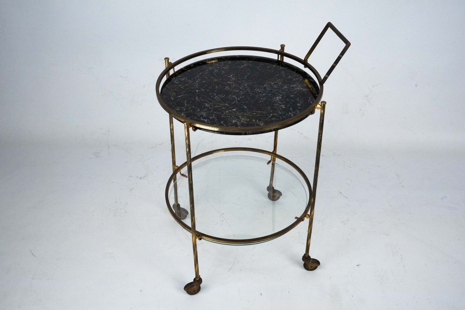 Round Mid Century Brass And Marble Effect Glass Bar Cart. Italy 1950s photo furniture