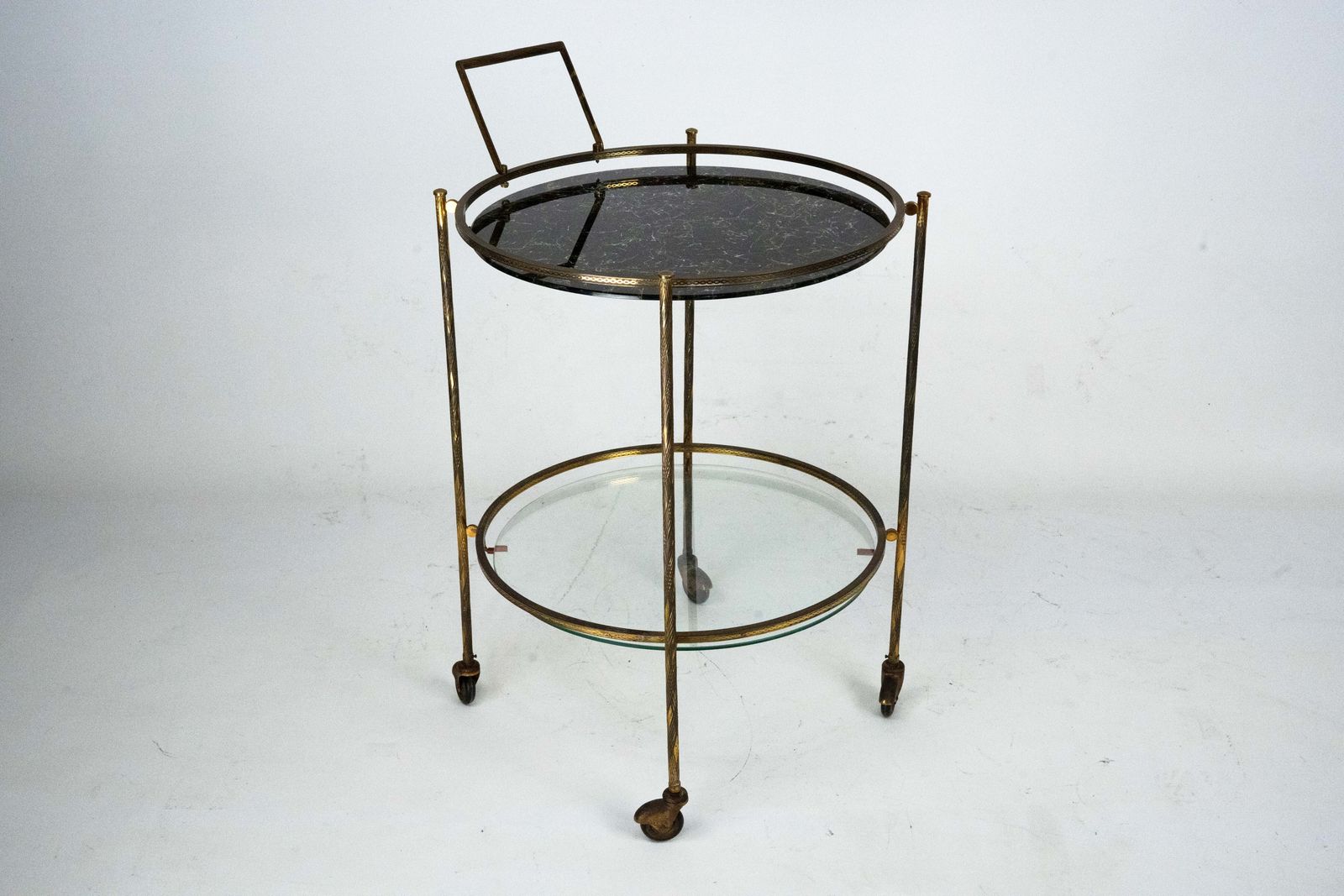 Round Mid Century Brass And Marble Effect Glass Bar Cart. Italy 1950s photo vintage