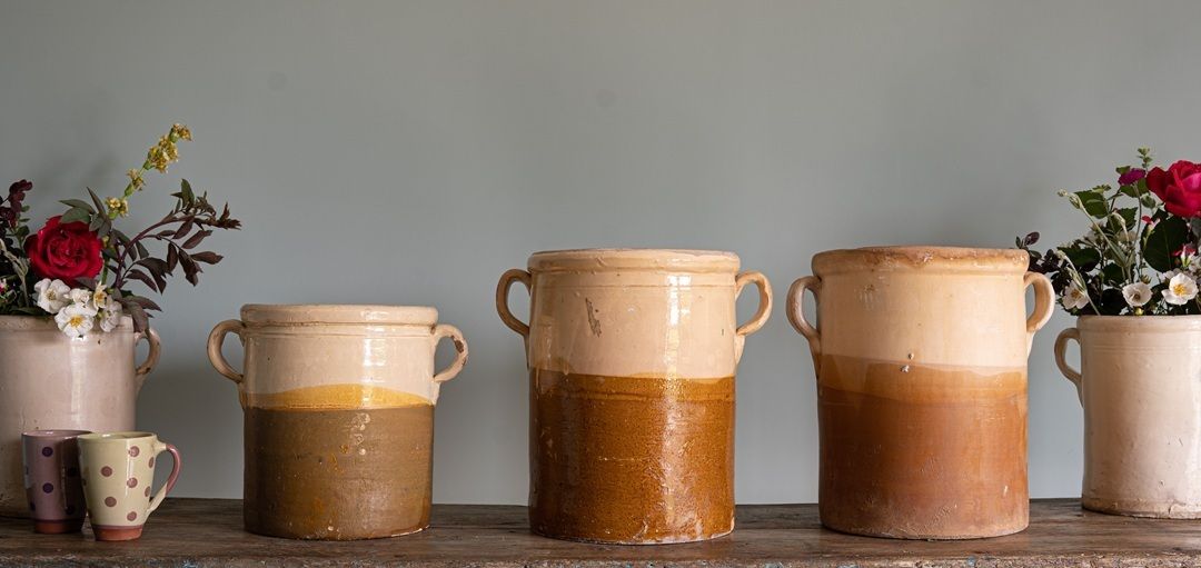 Trio Of Two Toned Antique Italian Puglia Pots photo furniture