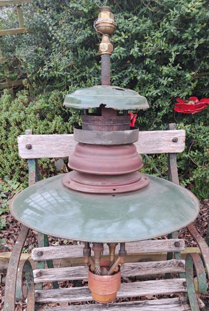 Rare Large Antique Enamelled Green Shade Hanging Gas Light   Repairs   Display Or Resoration