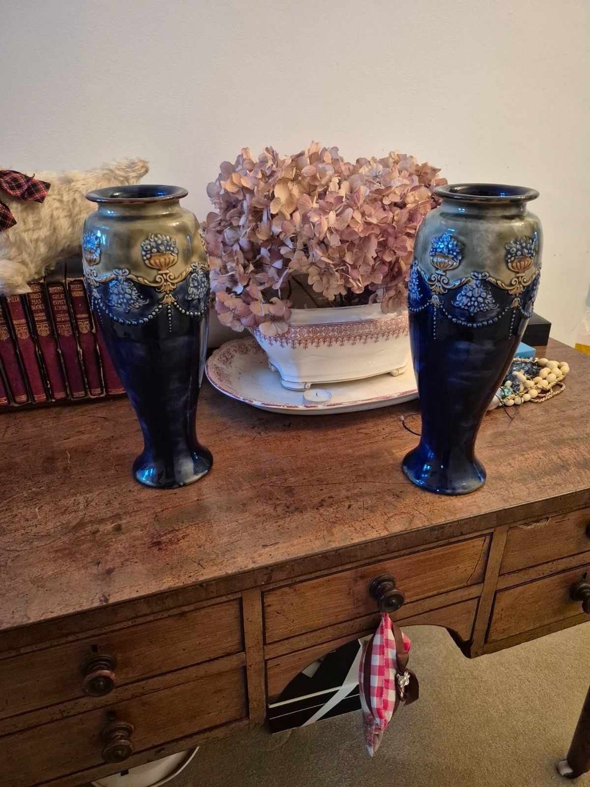 Victorian Pair Of  Royal Doulton Vases By Annie Partridge 30cm Pattern 6698