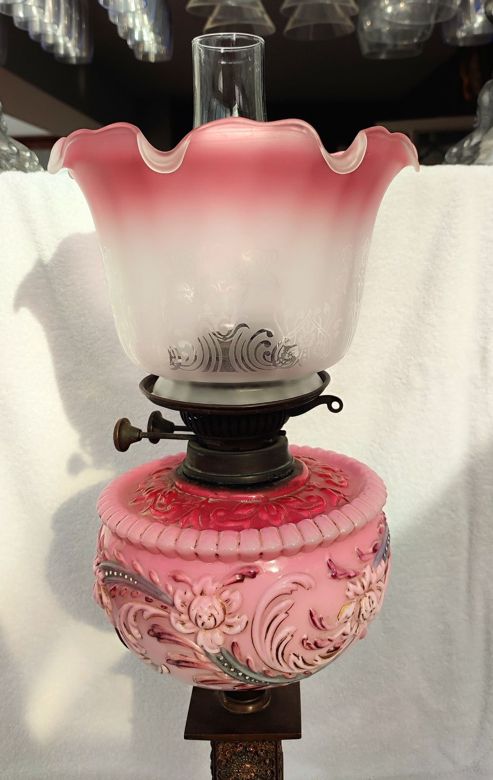 Stunning And Large Mid Victorian Cranberry Glass Oil Lamp, Duplex Wicks photo furniture