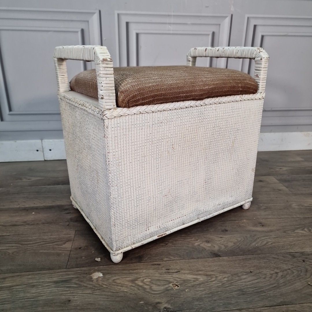 Vintage Laundry Basket Storage Seat Lloyd Loom Style Painted Retro Stool Mcm