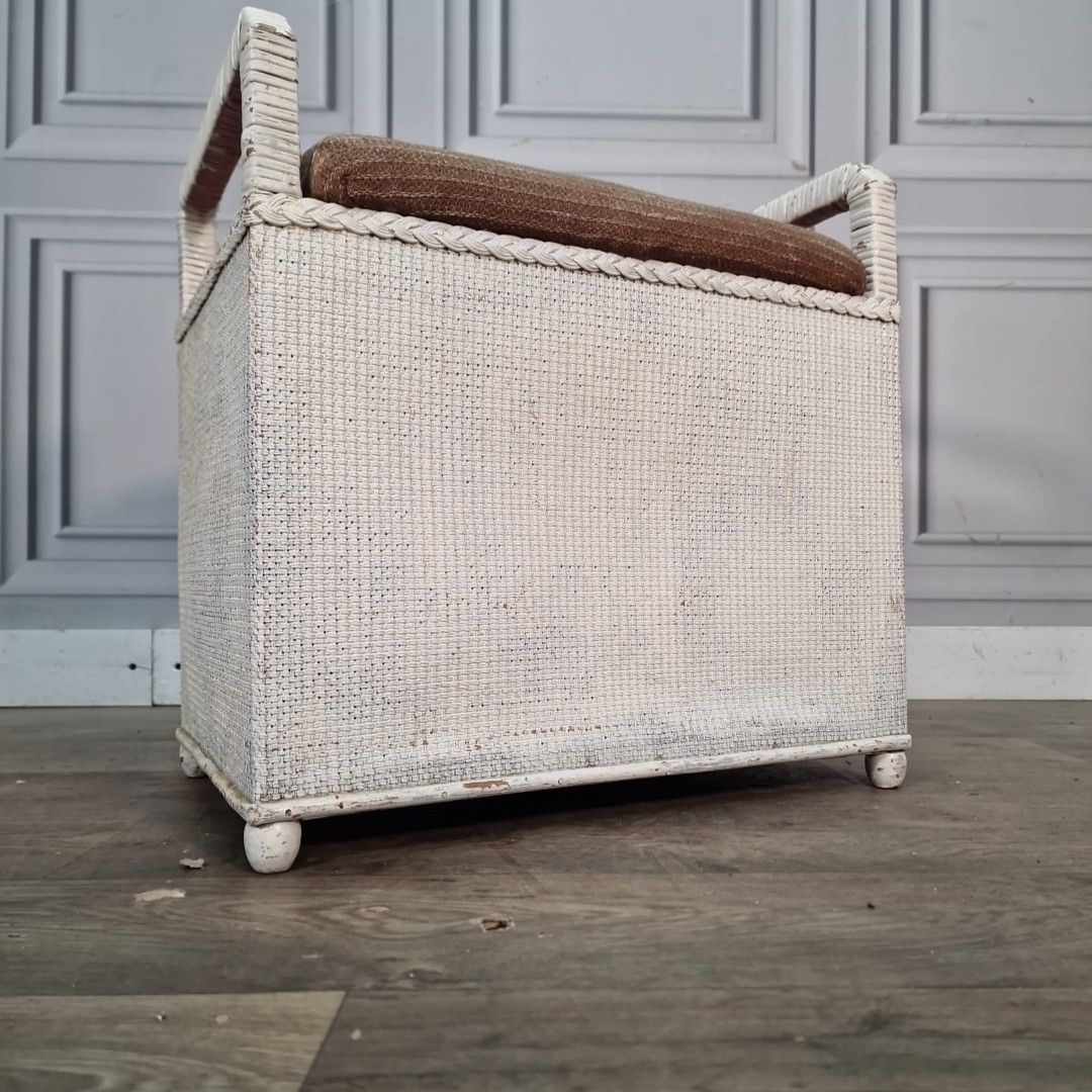 Vintage Laundry Basket Storage Seat Lloyd Loom Style Painted Retro Stool Mcm photo for sale