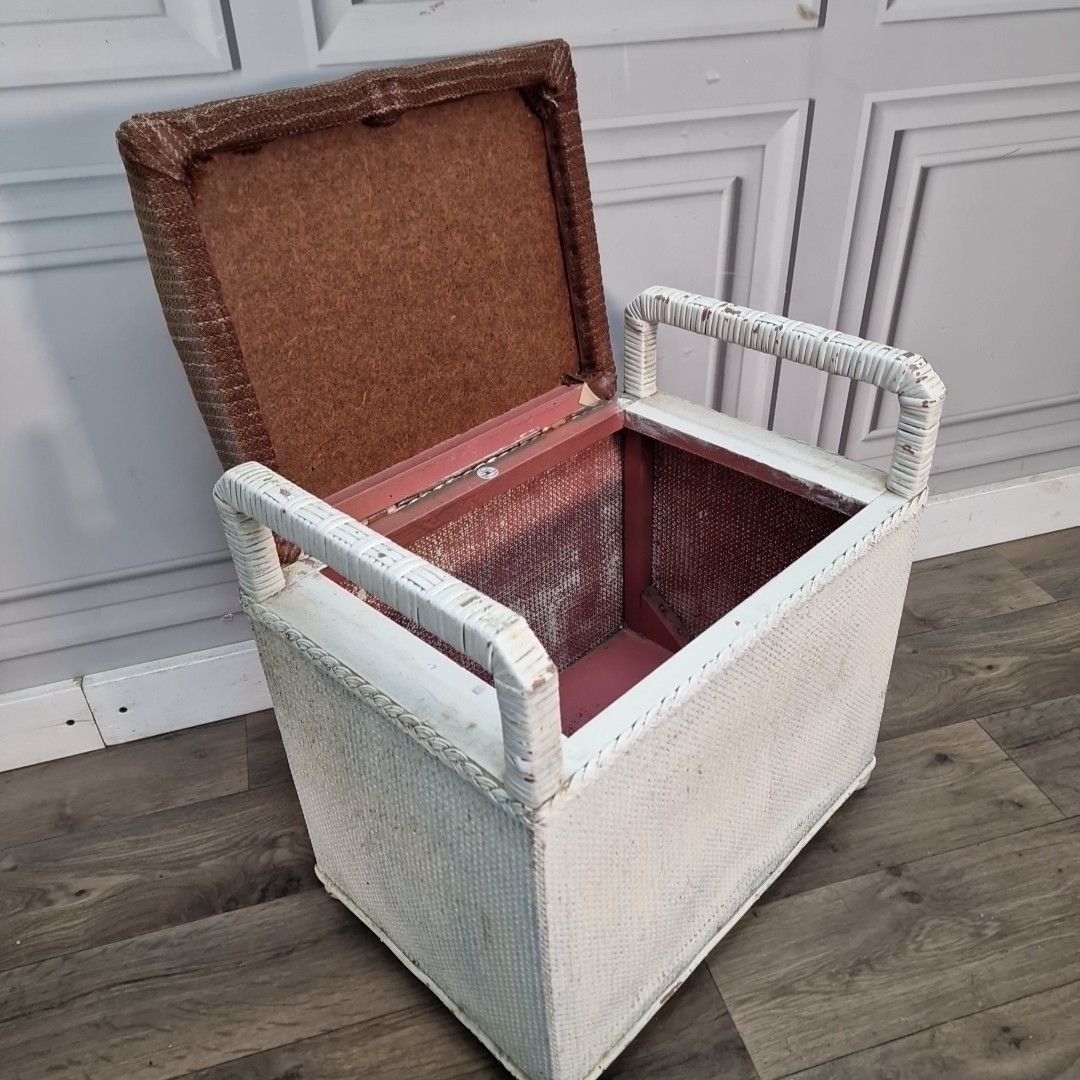 Furniture Vintage Laundry Basket Storage Seat Lloyd Loom Style Painted Retro Stool Mcm photo