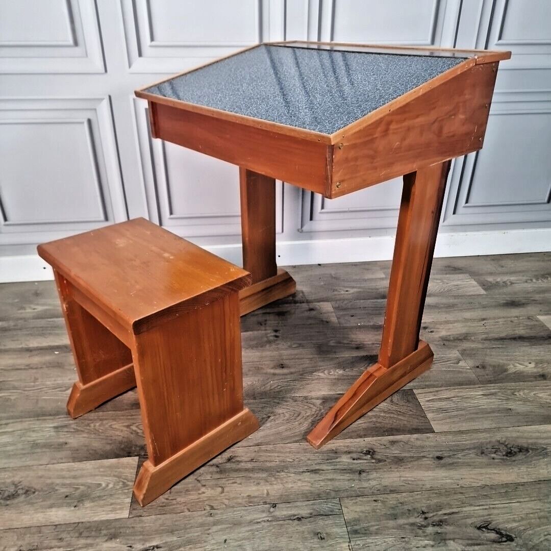 Vintage Wooden Child's Desk Lift Up School Writing Bench Seat Chair Children's