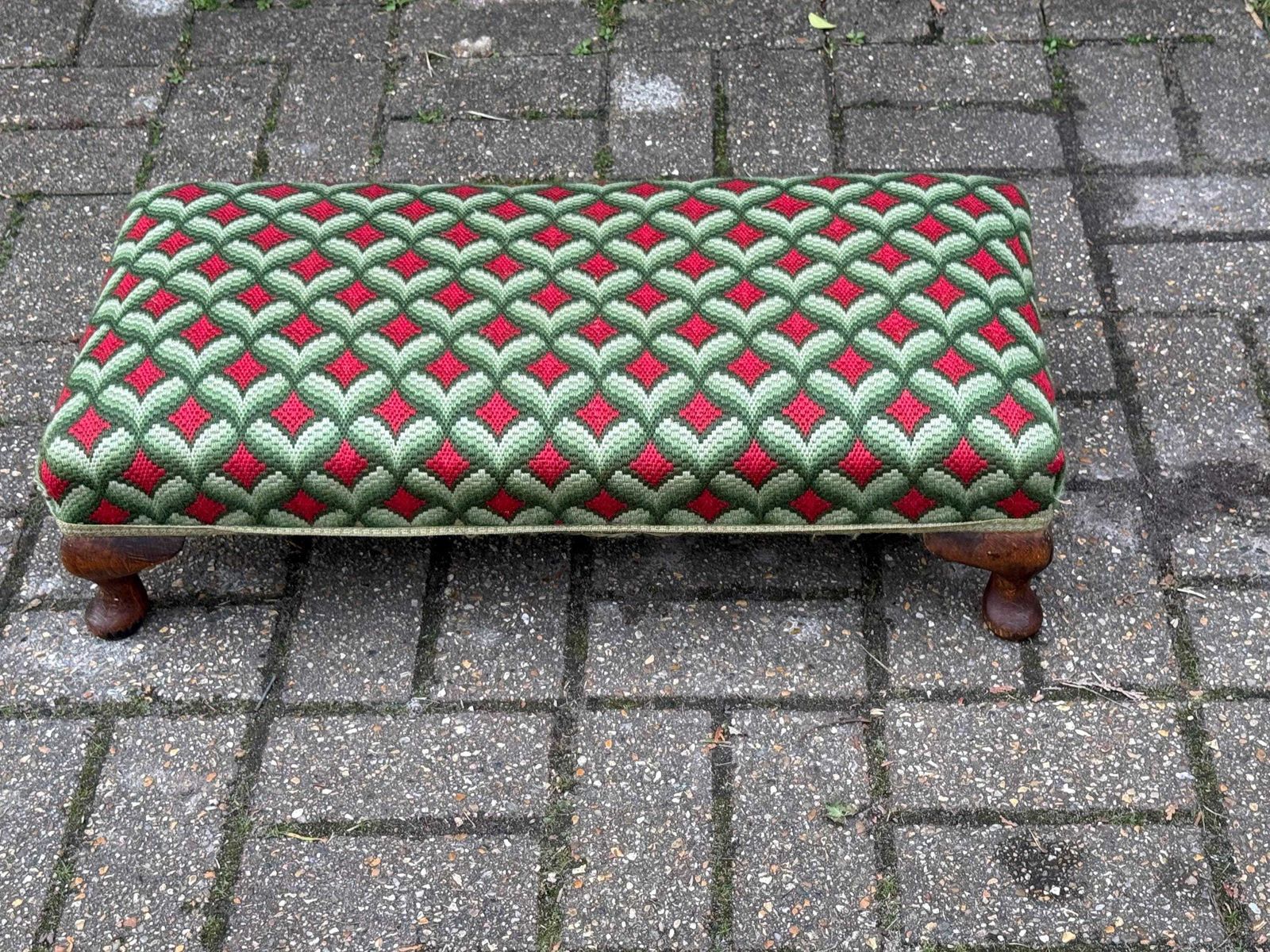 photo for sale Striking And Bold Vintage Upholstered Footstool With Cabriole Legs And Tapestry Fabric