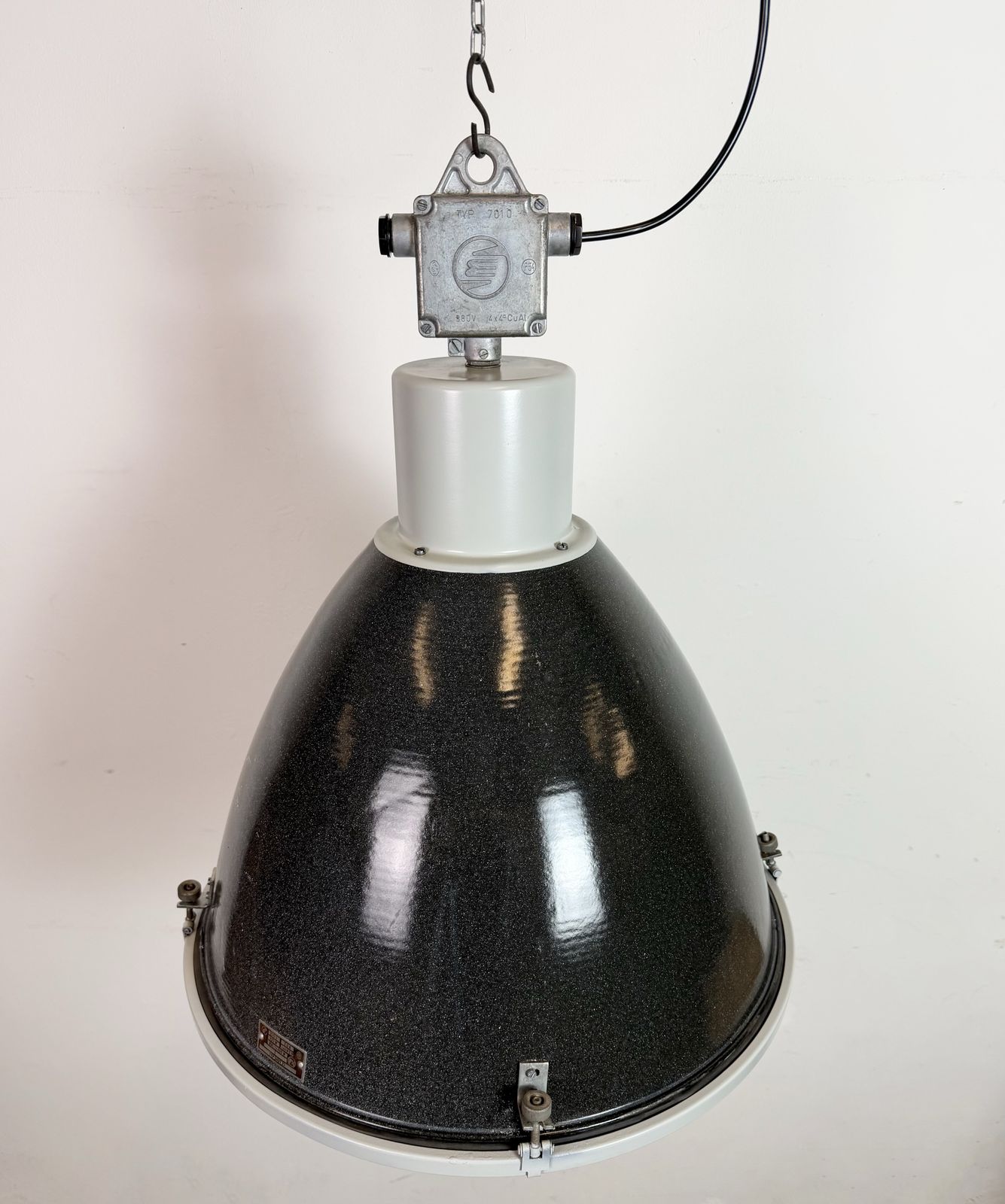 Large Industrial Black Enamel Factory Pendant Lamp With Glass Cover, 1960s, 20x photo vintage