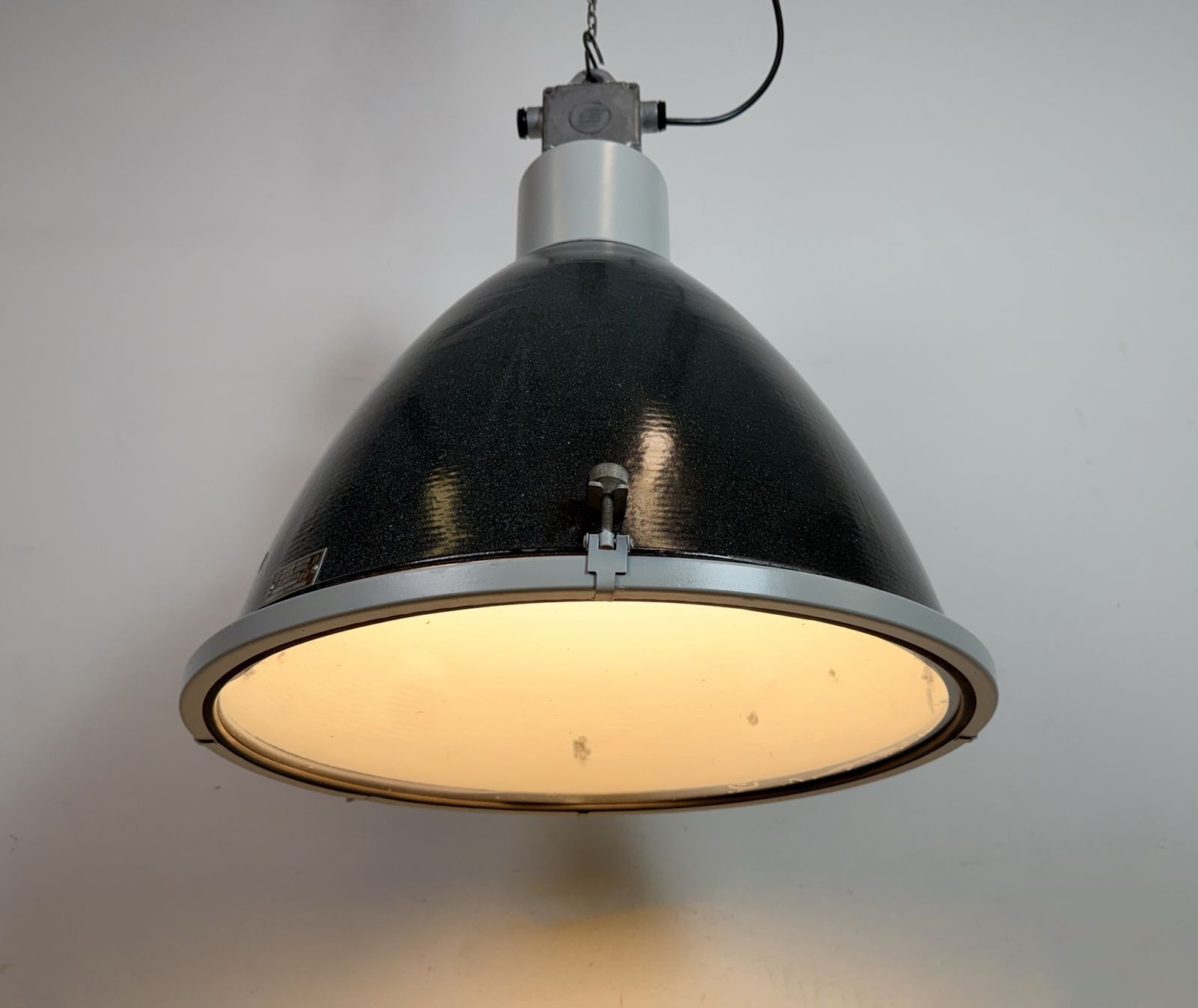 photo for sale Large Industrial Black Enamel Factory Pendant Lamp With Glass Cover, 1960s, 20x