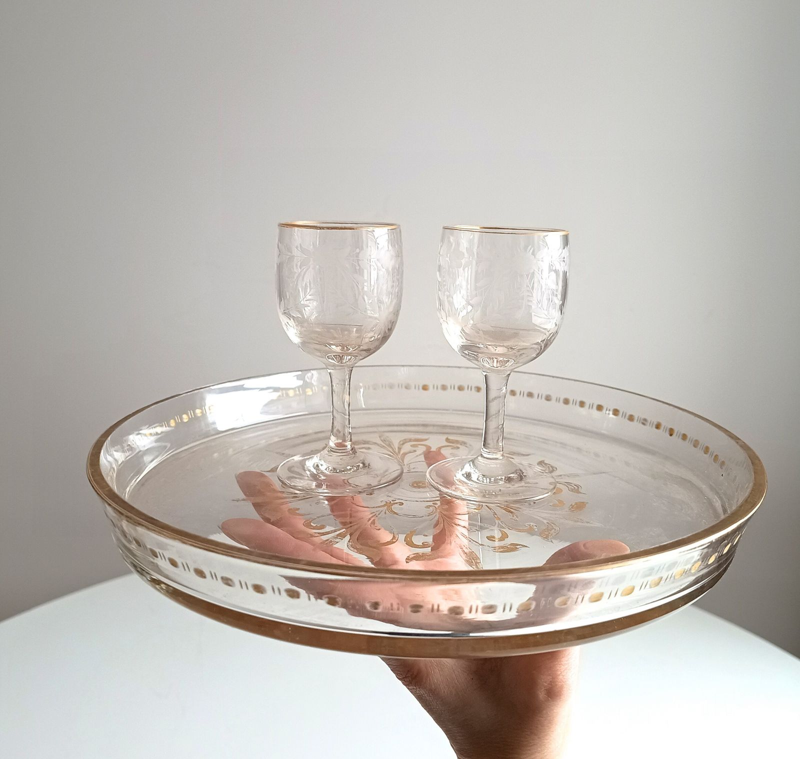Antique French Crystal Drinks Tray & 2 Glasses: Engraved Garlands, Gilt Decor, Belle Epoque photo vintage
