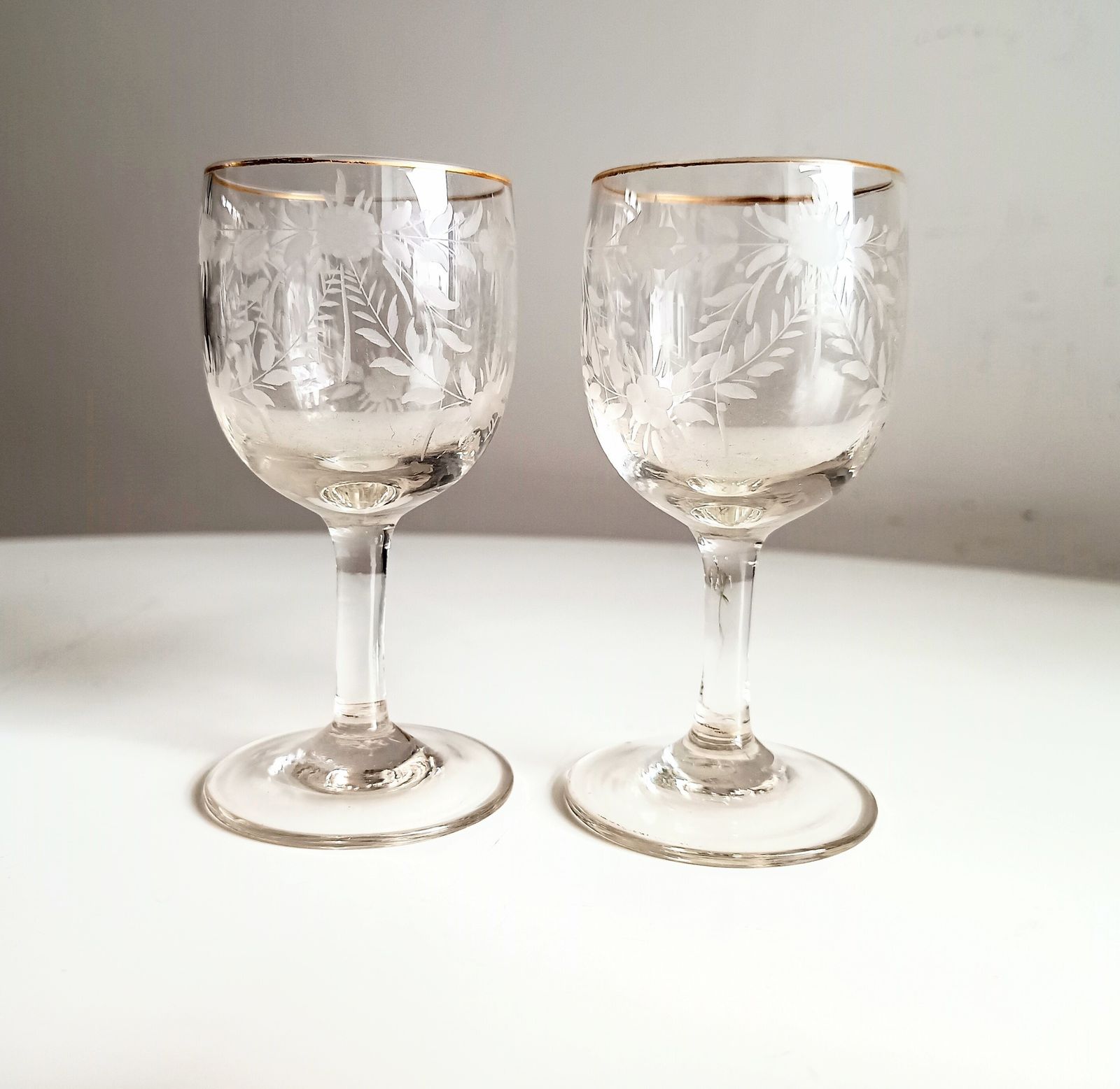 photo for sale Antique French Crystal Drinks Tray & 2 Glasses: Engraved Garlands, Gilt Decor, Belle Epoque