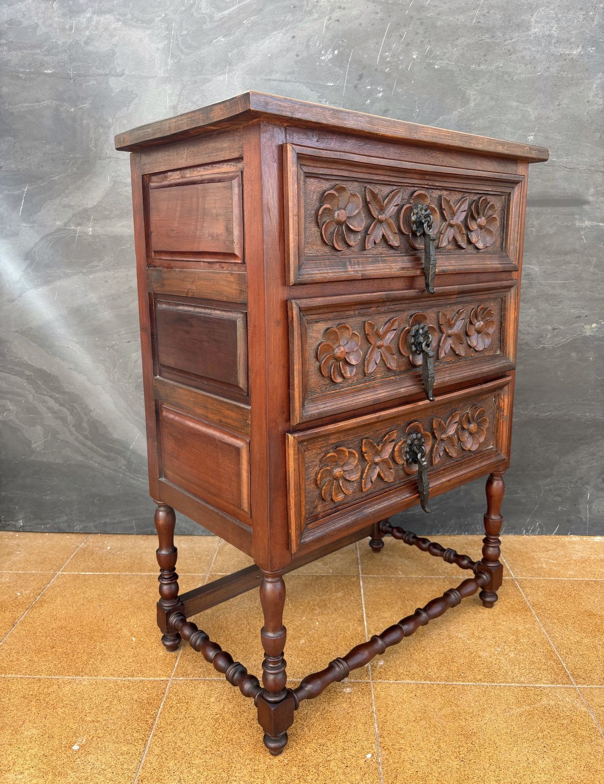 Spanish Renaissance Revival Oak Chest Of Drawers With Carved Floral Fronts, 1930 photo vinterior