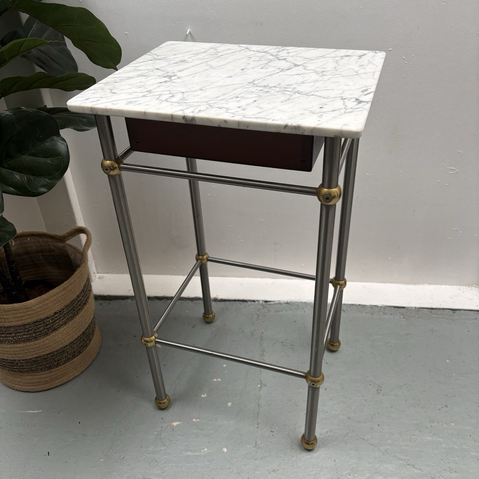 160.0 Vintage French 1970s Chrome, Brass & Marble Bedside Sofa End Side Table photo