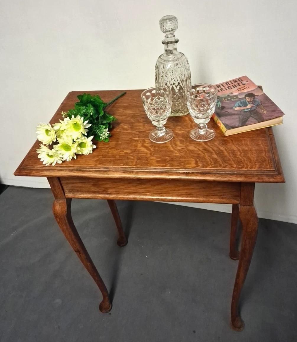 Antique Oak Side Table Stands Proud And Tall On Queen Ann Style Legs