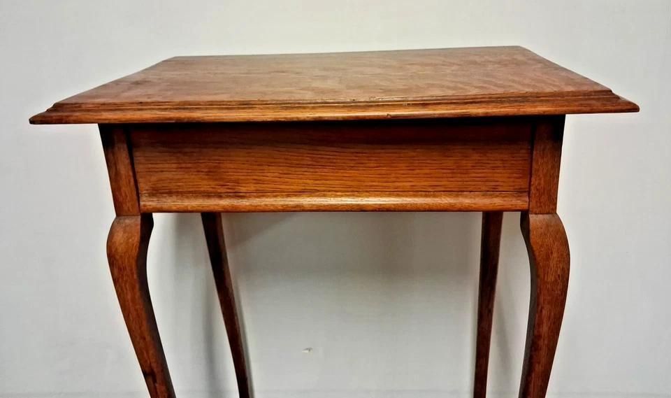 Antique Oak Side Table Stands Proud And Tall On Queen Ann Style Legs photo vinterior