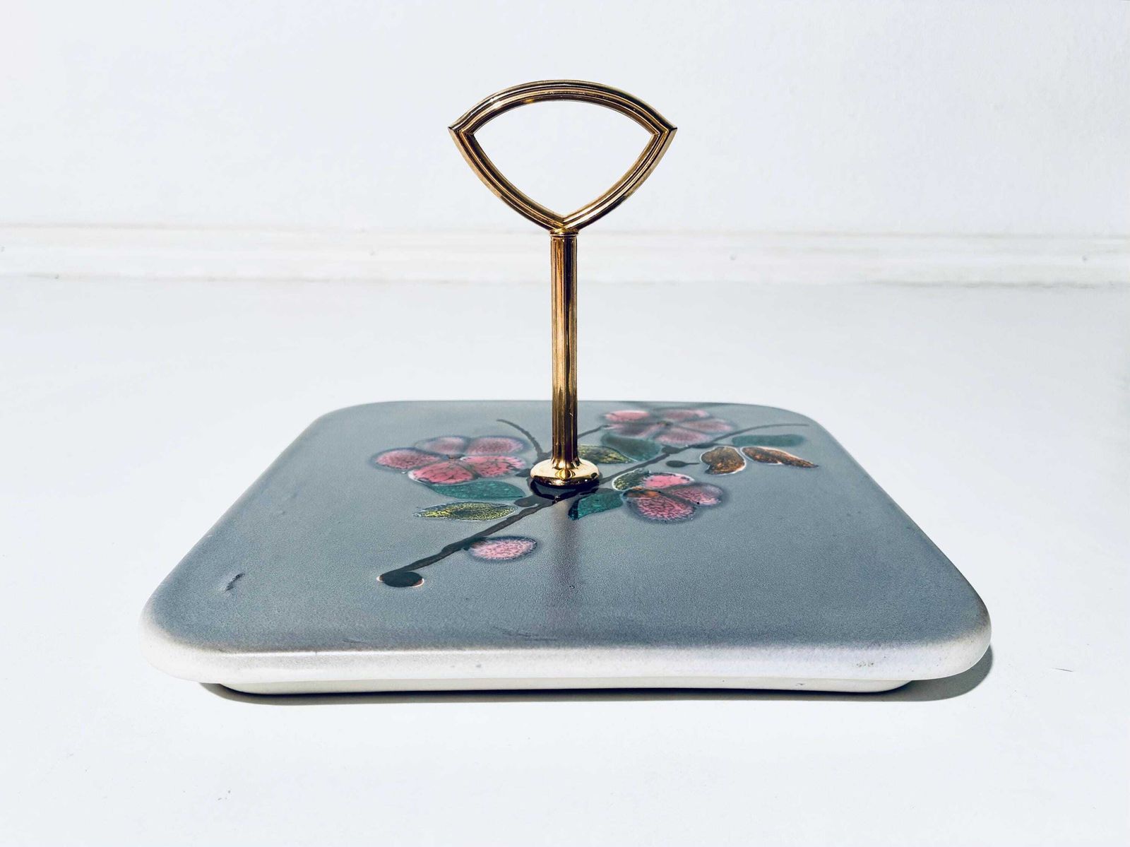 Ceramic Vallauris Flower Motif Cake Stand Candy Or Cheese Plate / Vintage 1950s France photo for sale
