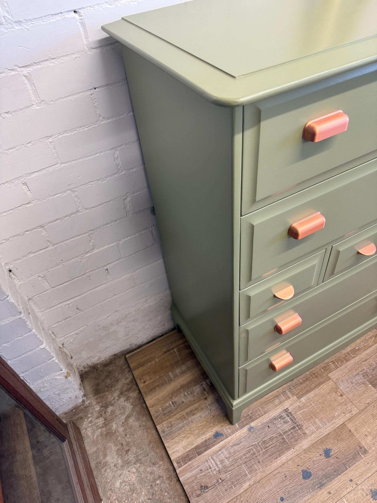 Pair Of Stag Minstrel 7 Drawer Tallboys | Painted To Order In Farrow & Ball Olive photo Furniture