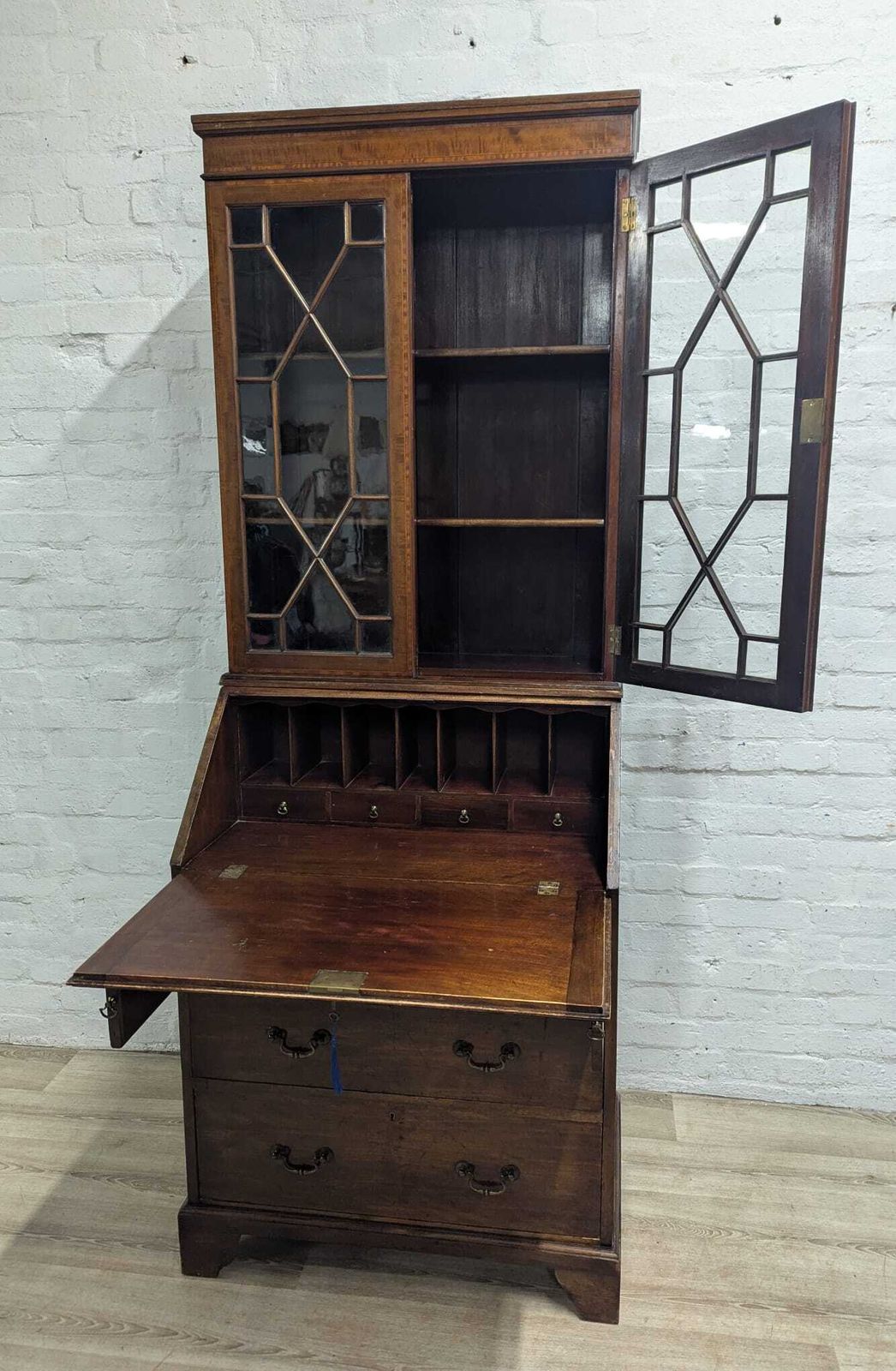Early 20th Century Mahogany Writing Bureau Secretaire With Bookcase photo 250.0