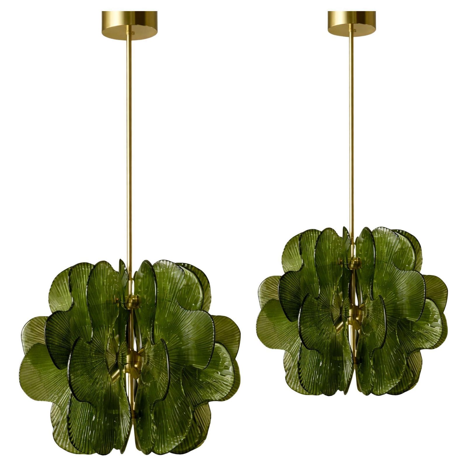 Modern Style Italian Brass Pendant Lamp With Bright Green Murano Glass Sheets