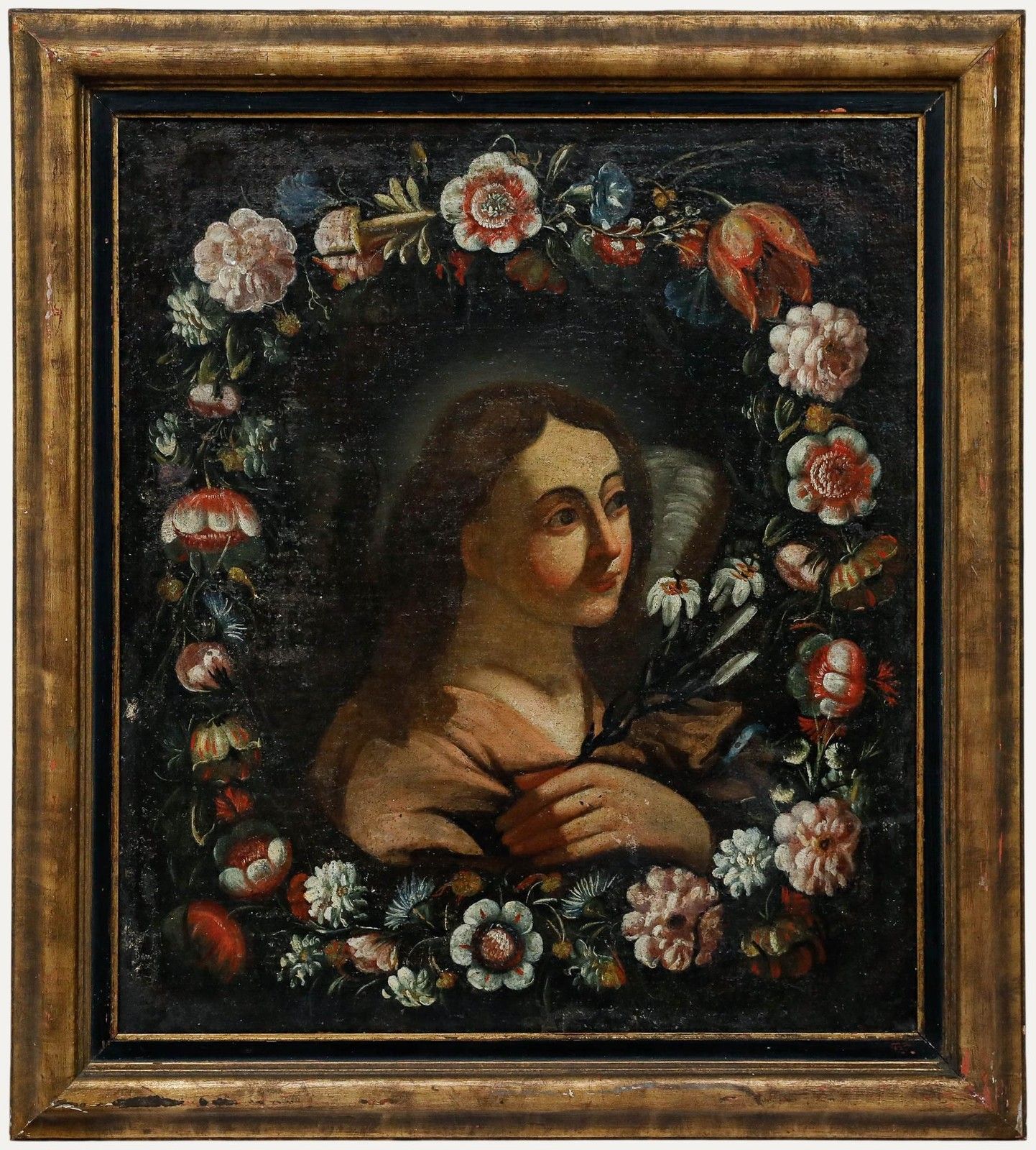 17th Century Oil Mary Surrounded By Flowers