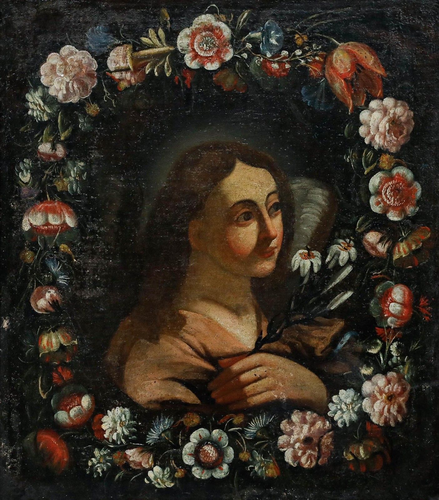 17th Century Oil Mary Surrounded By Flowers photo furniture