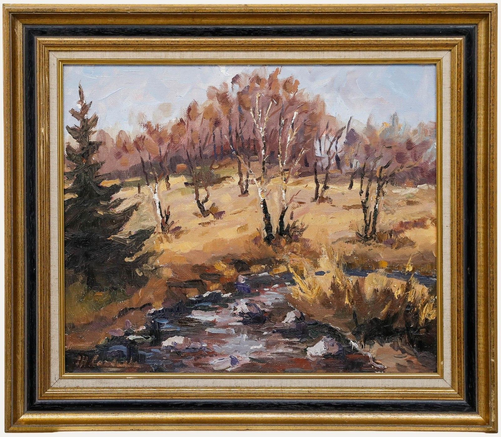 Marie Lambrexhe (1921 1998) 20th Century Oil, Birch Landscape