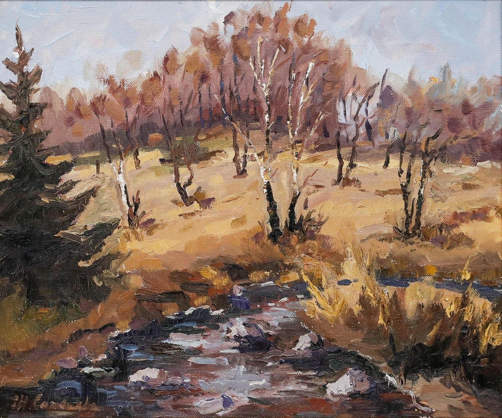 Marie Lambrexhe (1921 1998) 20th Century Oil, Birch Landscape photo furniture