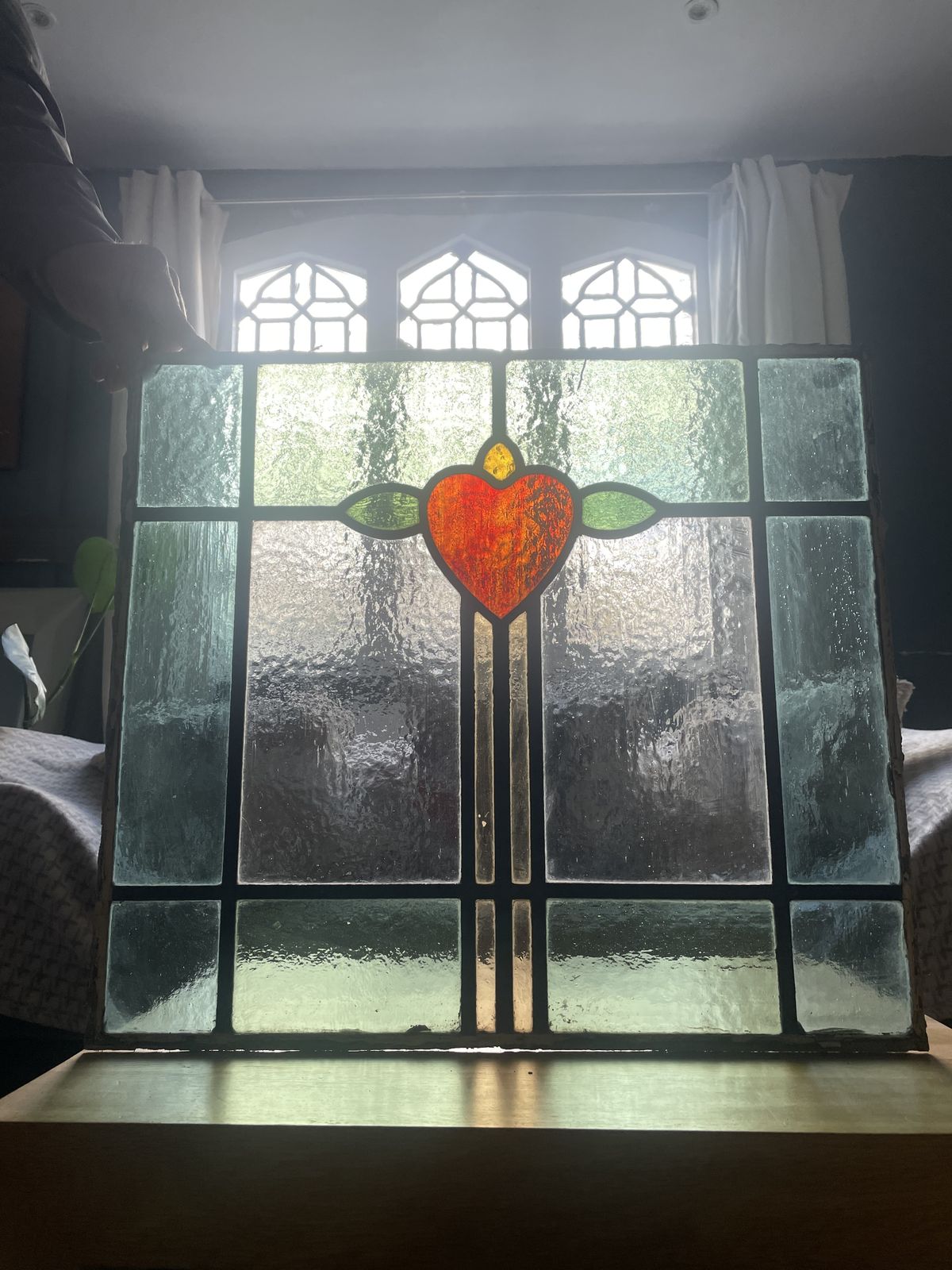 Antique Stained Glass Window Panel Emerald Green And Aqua Glass With Ruby Red Heart Motif.