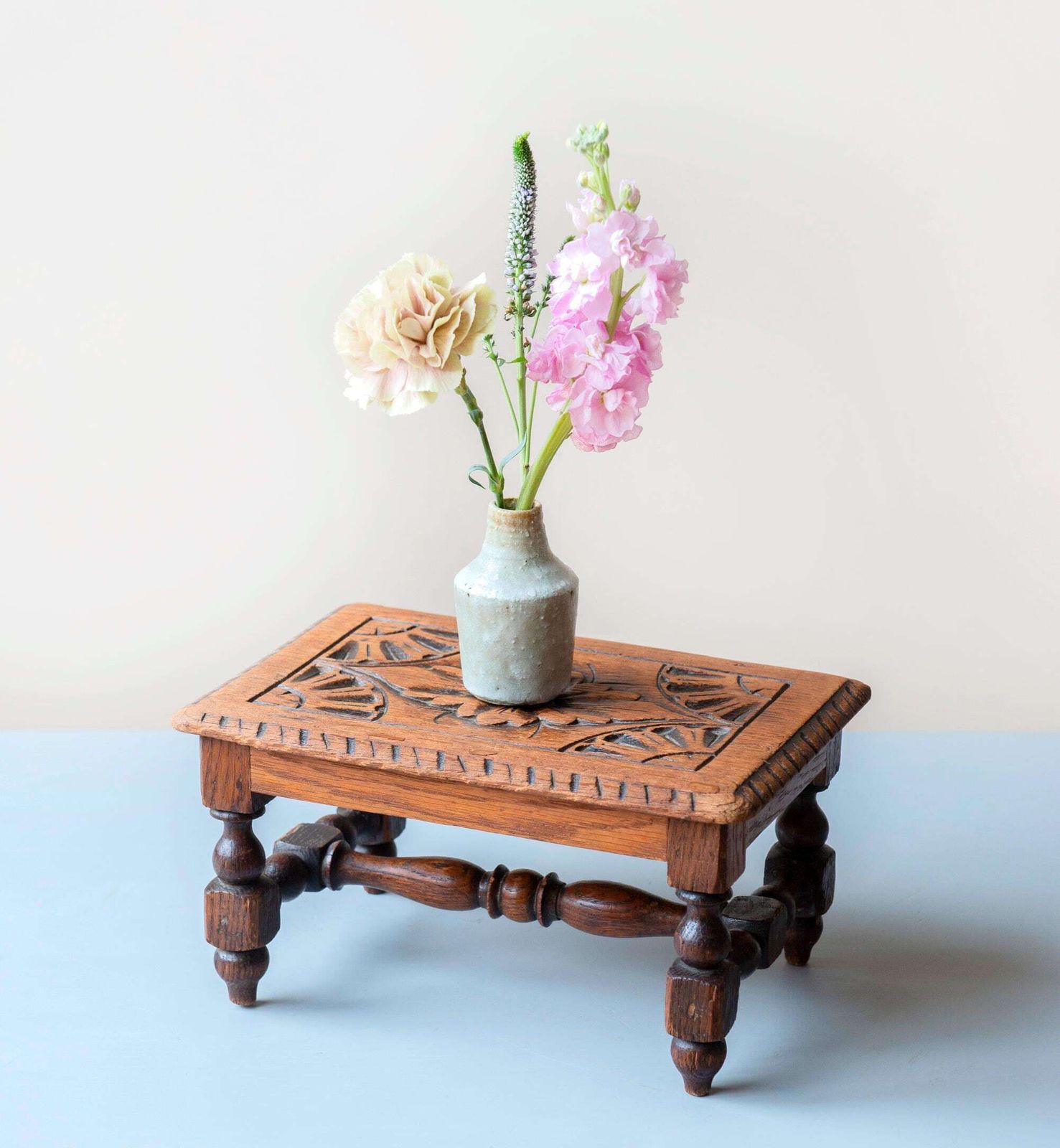 Antique Hand Carved Oak Stool – 19th Century Folk Art – Small Footstool / Plant Stand photo for sale