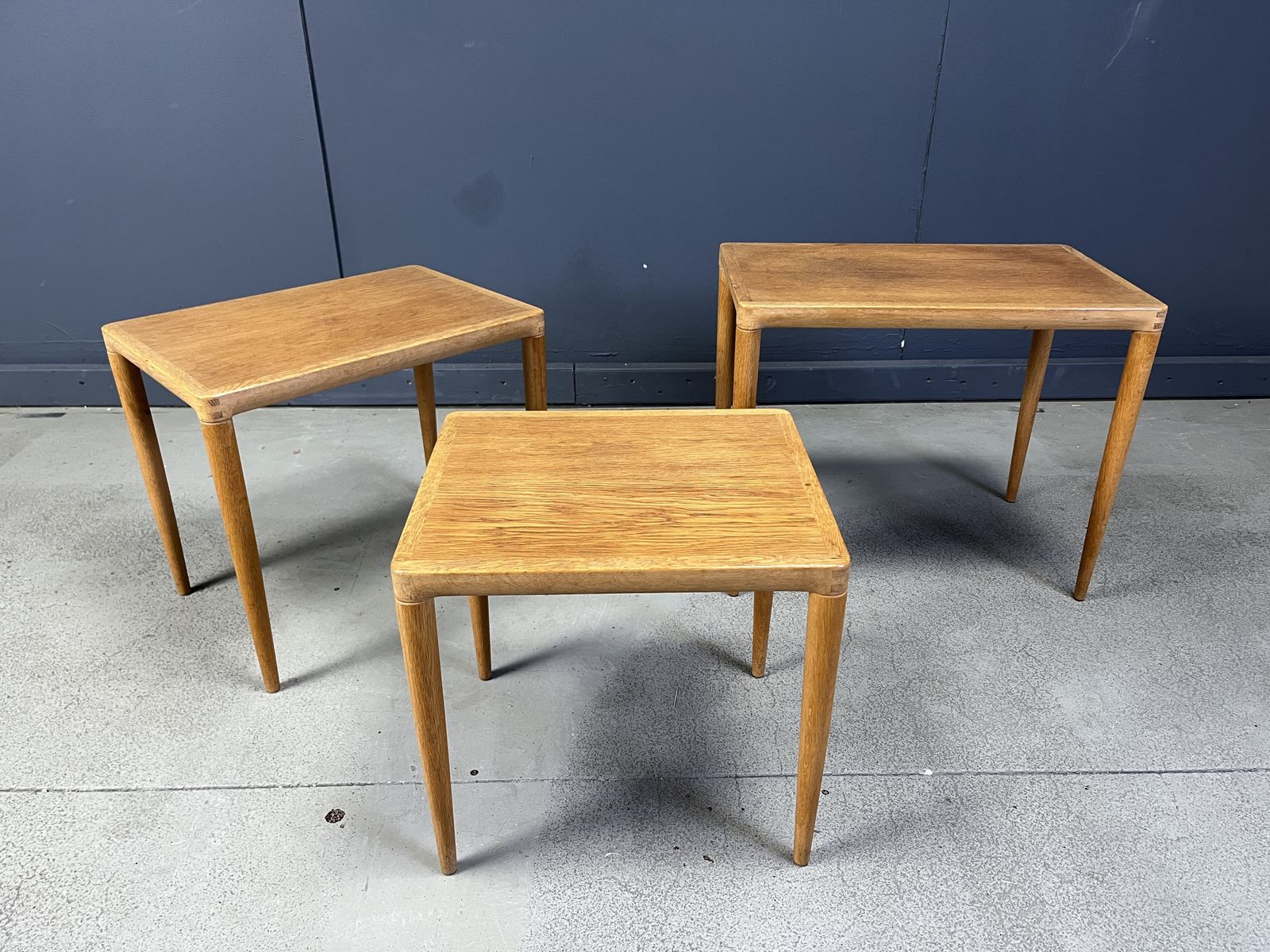 photo furniture H.W. Klein. Bramin, Three Set Tables/Side Tables, Oak, 1960s, Denmark