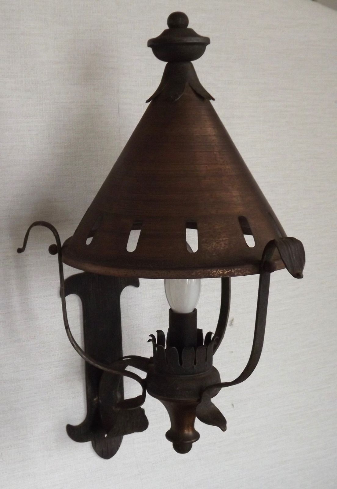Large French Vintage Copper And Wrought Iron Lantern Style Wall Light photo for sale