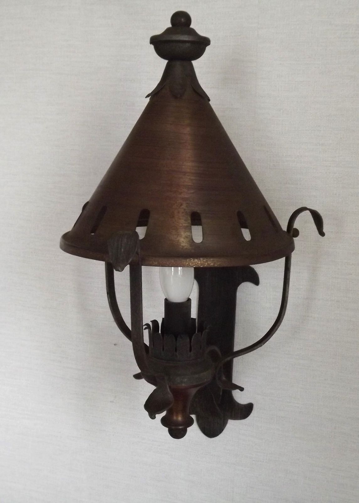 Large French Vintage Copper And Wrought Iron Lantern Style Wall Light