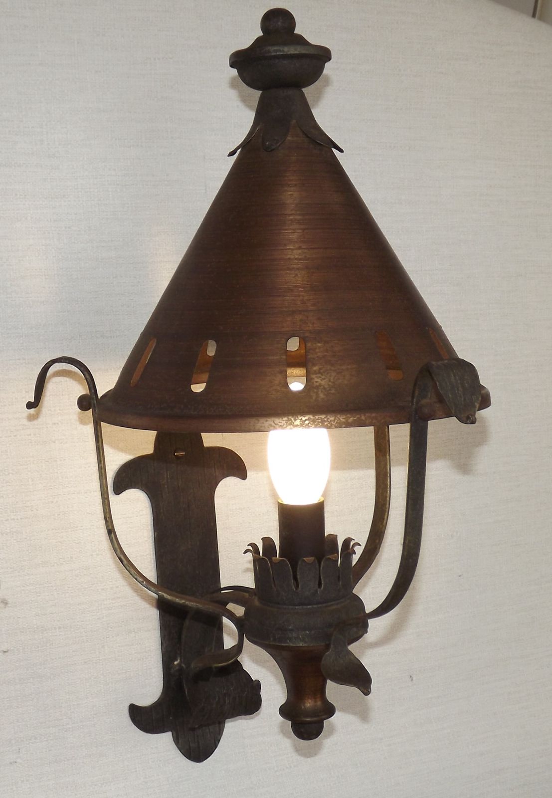 Large French Vintage Copper And Wrought Iron Lantern Style Wall Light photo furniture
