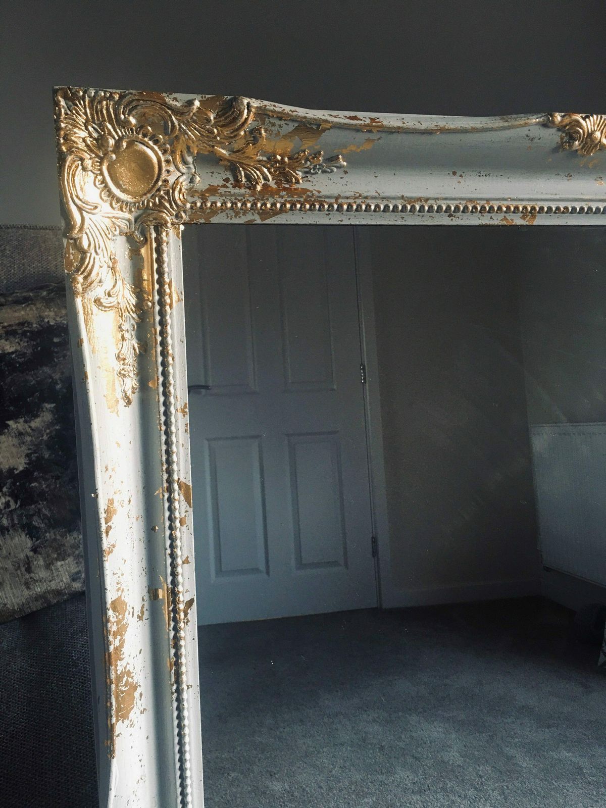 Large Mirror French Baroque Antique Ornate Painted Grey And Gold Leaf photo Home Decor