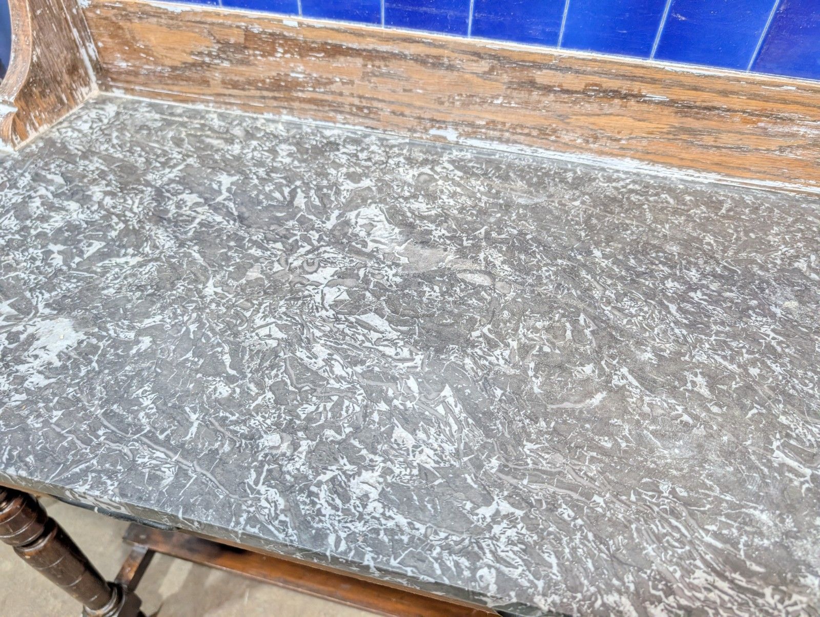 Victorian Oak Marble Top Washstand With Blue Tiled Back Cupboard Pot Cabinet photo vintage