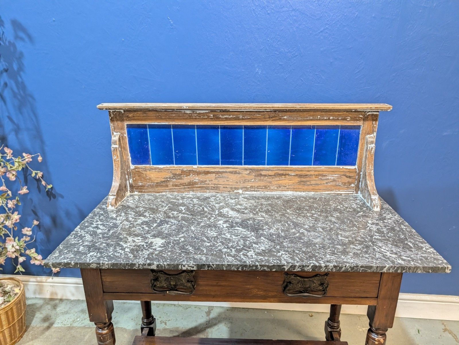 275.0 Victorian Oak Marble Top Washstand With Blue Tiled Back Cupboard Pot Cabinet photo