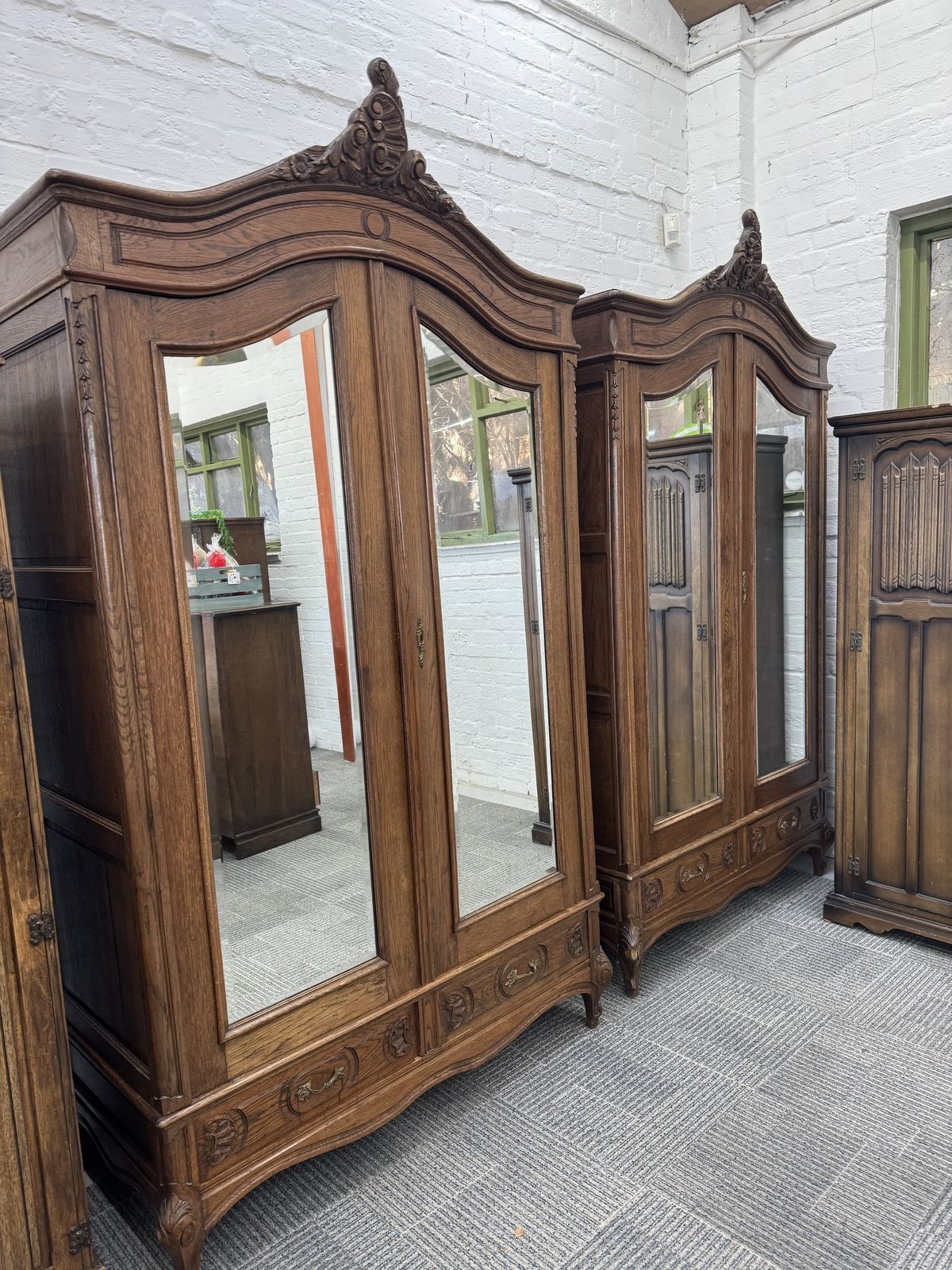 Pair Of Beautiful French Mirrored Carved Amoire Wardrobes