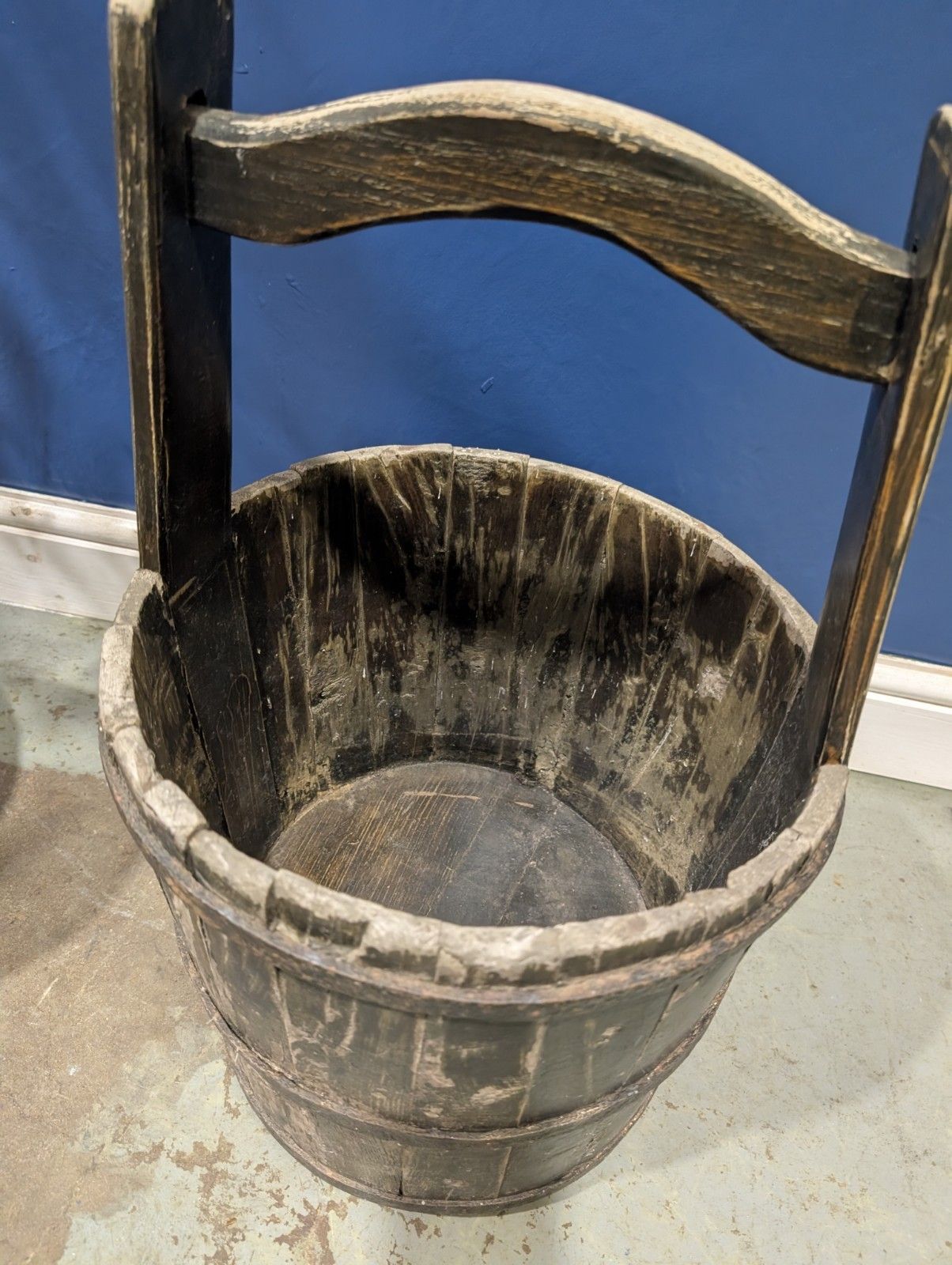 Antique Primitive Wooden Well Water Bucket Plant Pot Ironbound Barrel photo for sale